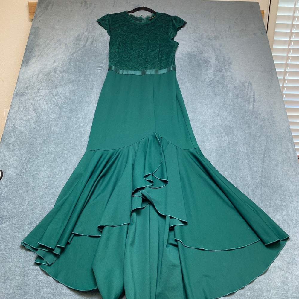 Miusol Maxi Dress Womens Medium Green Floral Lace High Low Hem Cocktail Back Zip